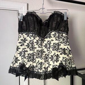 VAACODOR ivory black boned lace up contrast ruffle strapless bustier corset top